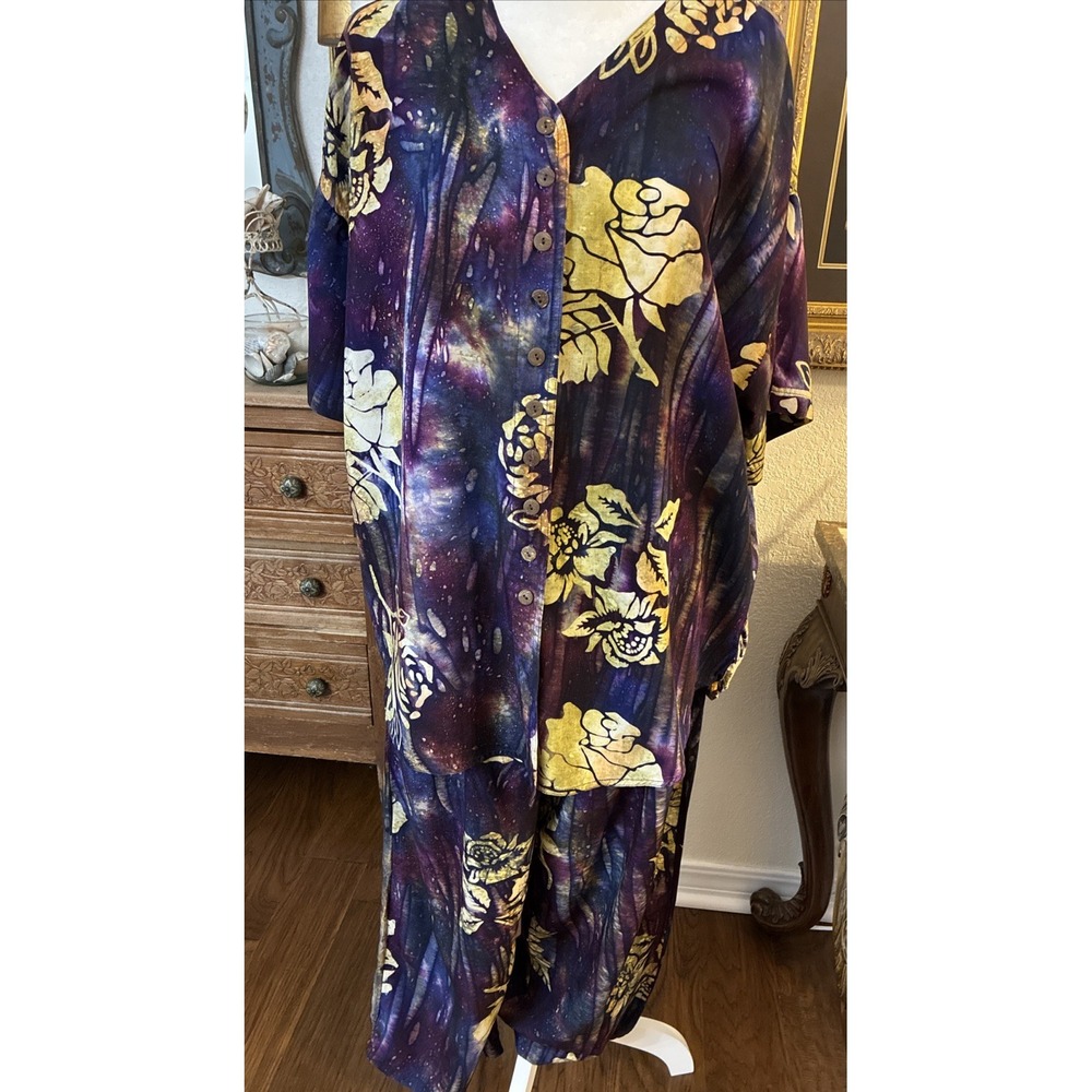 Young Fashion Vintage Hand Batik, Long Draped Jacket & Pants Set One Size